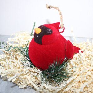 Flocked Red Cardinal Bird Jingle Bell Christmas Ornament Hand Made